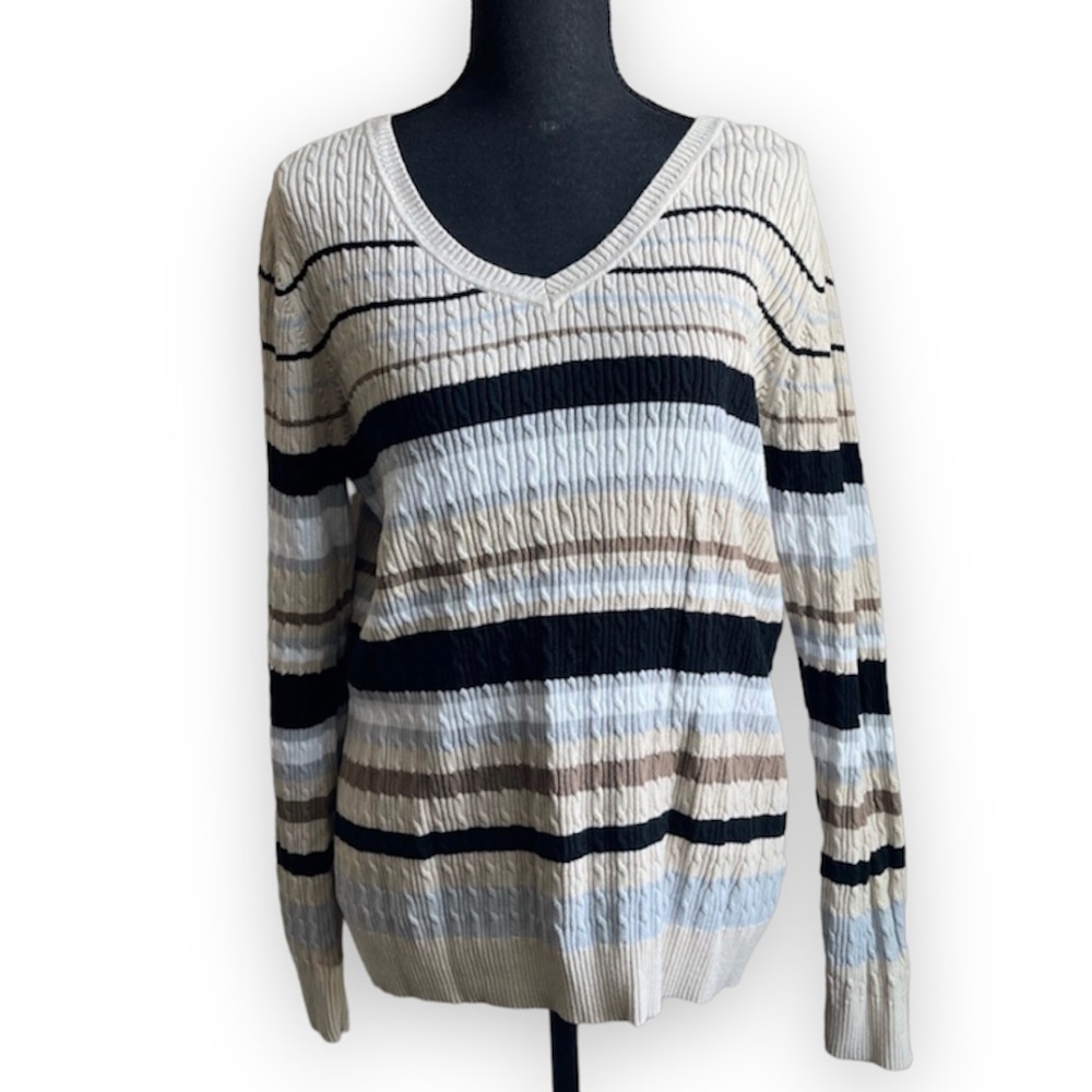 Studio works cream striped Vneck sweater